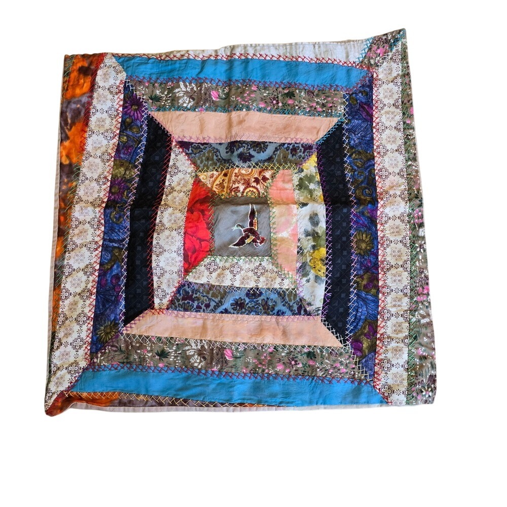 Vintage Handmade Crazy Quilt Pillow Cover Mallard Duck Embroidery Patch 18x18